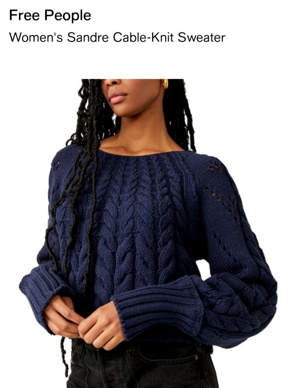 Free People Navy Sandre Cable Knit Crew Sweater